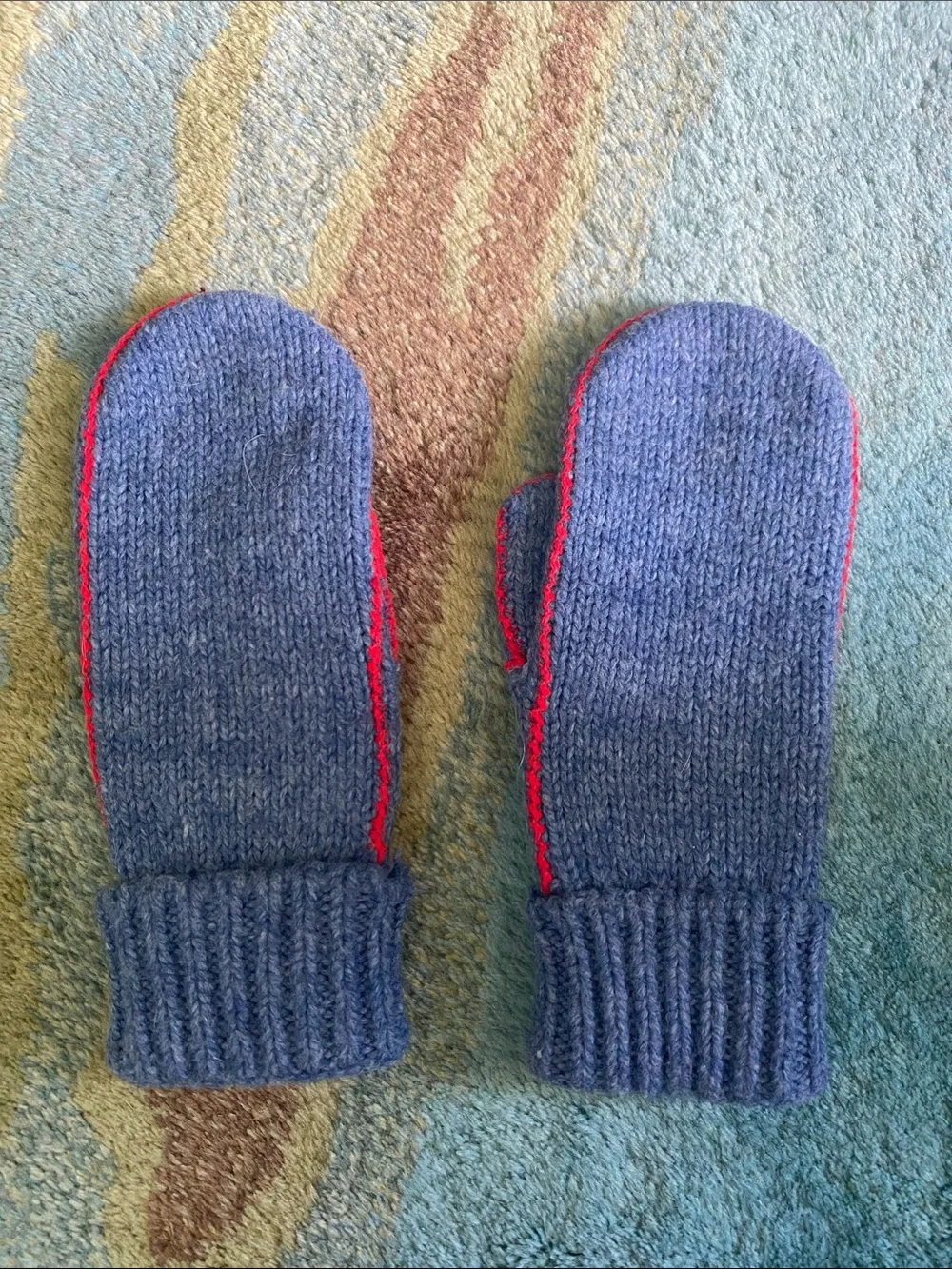 Women's Blue Knit Mittens with Red Trim